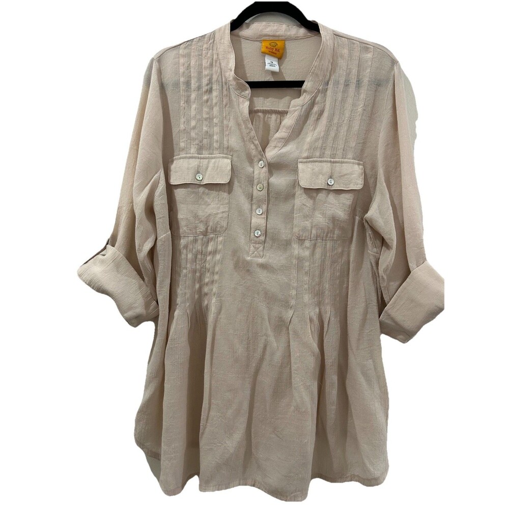 Ruby Rd Women Sz 1X Top Light Tan V Neck 1/2 Button Up Roll Tab Sleeve